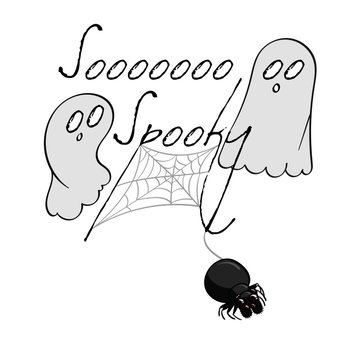 Ghosts and a Spider hanging from the words So Spooky