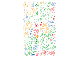 Christmas pattern with little children. Kids play and have fun during winter vacations.