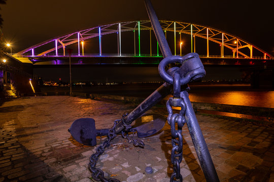 Bridge and anchor near city Deventer in The Netherlands at night