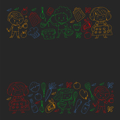 Healthy food and cooking. Fruits, vegetables, household. Doodle vector set.