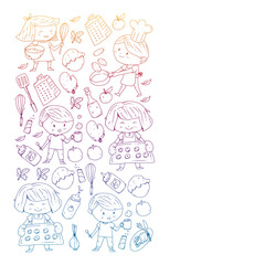 Healthy food and cooking. Fruits, vegetables, household. Doodle vector set.