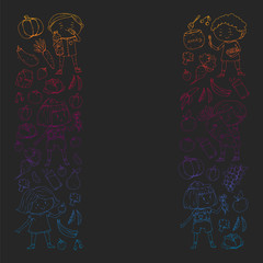 Fototapeta premium Children eating healthy food. Sport, fitness, healthy food concept, vintage style, heart shape. vector illustration