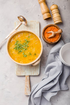 Red Lentil Soup Puree  On  Stone Table. Top View.