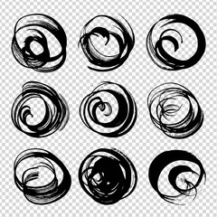 Circle black textured smears isolated on imitation transparent background