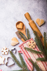 Fototapeta na wymiar Christmas winter baking concept, ingredients for making cookies, baking, pies. top view