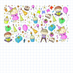Fototapeta premium Happy boys and girls. Little kindergarten preschool children. Birthday party celebration. Icons for banners, posters, invitation.