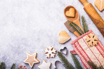 Christmas winter baking concept, ingredients for making cookies, baking, pies. top view
