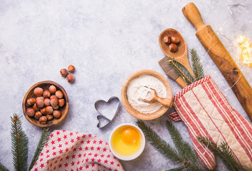 Christmas winter baking concept, ingredients for making cookies, baking, pies. top view