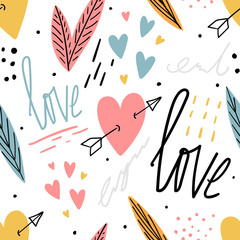 Hand drawn love seamless pattern with hearts, lettering, for print, textile, wallpaper. Modern abstract kids background. - 296821578
