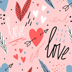 Handgezeichnete Liebe nahtlose Muster mit Herzen, Schriftzug, für Druck, Textil, Tapete. Moderner abstrakter Kinderhintergrund.