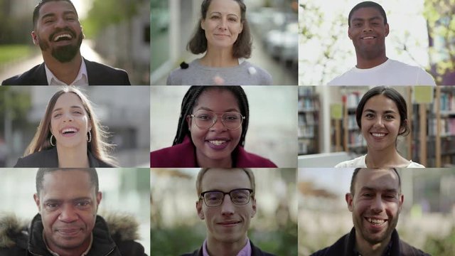 Front view of smiling citizens looking at camera. Multiscreen montage, split screen collage. Ethnicity variation concept