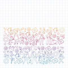 Fototapeta premium Vector pattern with travel and beach icons. Parents with little kids. Children summer vacation.