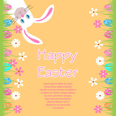 Funny easter bunny with pink long ears. Cheerful rabbit hanging upside down. Greeting card, invitation to Easter egg hunt. Festive advertisement with eggs, grass, flowers. Lettering Happy Easter.