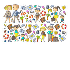 Vector pattern with travel and beach icons. Parents with little kids. Children summer vacation.