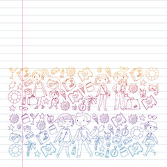 Vector pattern with travel and beach icons. Parents with little kids. Children summer vacation.