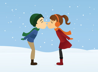 Vector illustration of a couple kissing in the snow