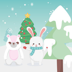 cute bunny and rabbit tree snow landscape merry christmas