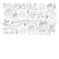 Children summer vacation. Holidays with little kids. Sea, beach and ocean. Travel and adventure vector pattern.