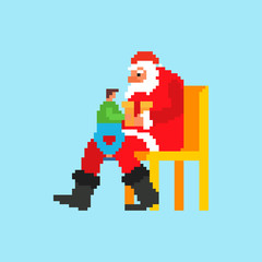 Santa and child pixel art. 8 bit Xmas. Pixelate New Year
