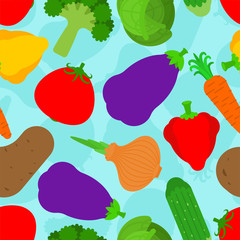 Vegetables pattern seamless. Vegetable background. Tomato and cabbage. Bell pepper and eggplant. Potatoes, onions and broccoli. Cucumber and carrots. vector texture