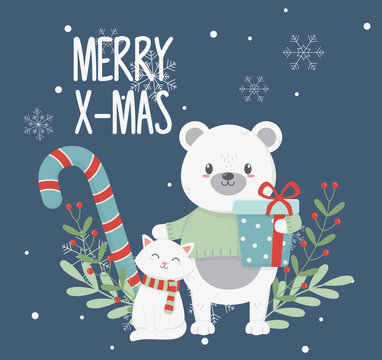 polar bear cat with gift box leaves merry christmas card