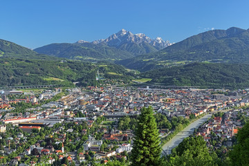 Fototapeta na wymiar Innsbruck, Austria. View of the city from observation point at Hungerburg district. Serles mountain of Stubai Alps is visible on the background.