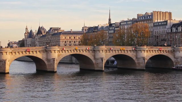 Sena river, bridge, trees, walk path and buildings in Paris