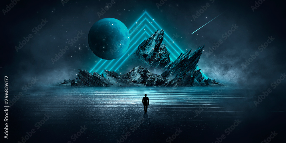 Canvas Prints modern futuristic neon abstract background. large object in the center, space background. dark scene