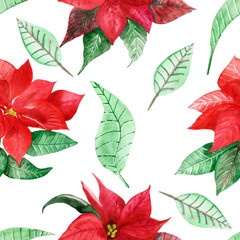 Watercolor hand painted Christmas seamless pattern with red poinsettia flower and green leaves around isolated on white background for Christmas gifts, wrapping paper and holiday textiles.