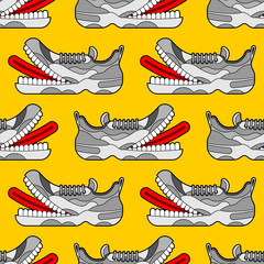 Toothy Sneaker monster pattern seamless. Sneakers with teeth background. Angry hungry Sports shoes vector texture © popaukropa
