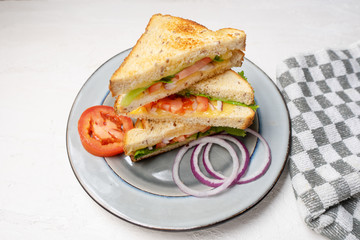 Grilled cheese sandwich with tomato and whole grain bread on white background