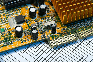 closeup of electronic components, printed circuit board, unit, part, circuit diagram, computer...
