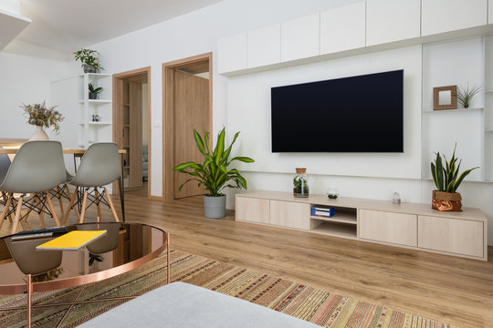 Interior of contemporary living room with TV on the wall