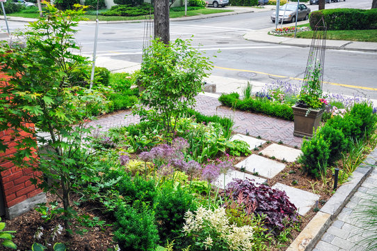 This beautiful urban front yard garden features a large veranda, brick paver walkway, retaining wall with plantings of bulbs, shrubs and perennials for colour, texture and winter interest.