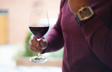 Friends celebrate their birthday at the local winery. Elegant glasses with homemade quality wine