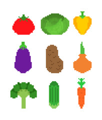 Vegetables pixel art set. 8 bit Vegetable. Pixelate Tomato and cabbage. Bell pepper and eggplant. Potatoes, onions and broccoli. Cucumber and carrots. vector illustration