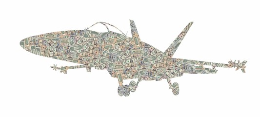 Silhouette of a military plane fighter formed with american dollars bills isolated on white...