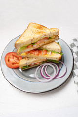 Grilled cheese sandwich with tomato and whole grain bread on white background