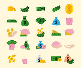 bundle of money savings with icons set