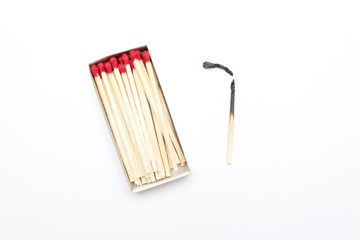 Matches in a box isolated, long matches, One burnt match