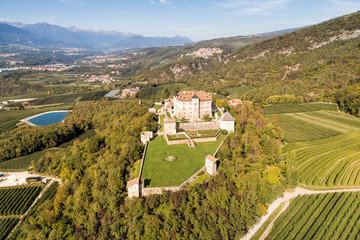 Fototapeta na wymiar Aerial View of Castel Thun, gothic, medieval castle, province of Trento, Italy
