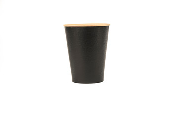  Black paper cup floating in the air isolated on a white background
