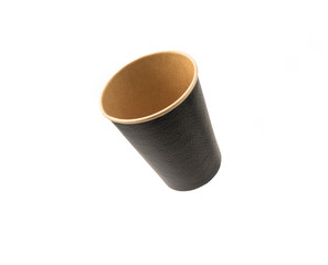  Black paper cup floating in the air isolated on a white background