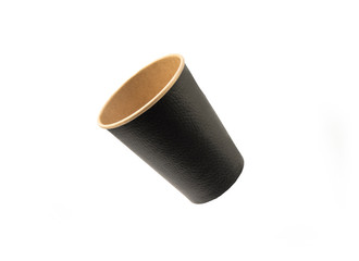  Black paper cup floating in the air isolated on a white background