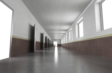 long corridor with doors, interior visualization, 3D illustration