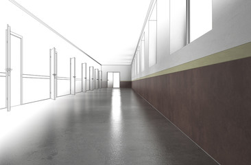 long corridor with doors, interior visualization, 3D illustration