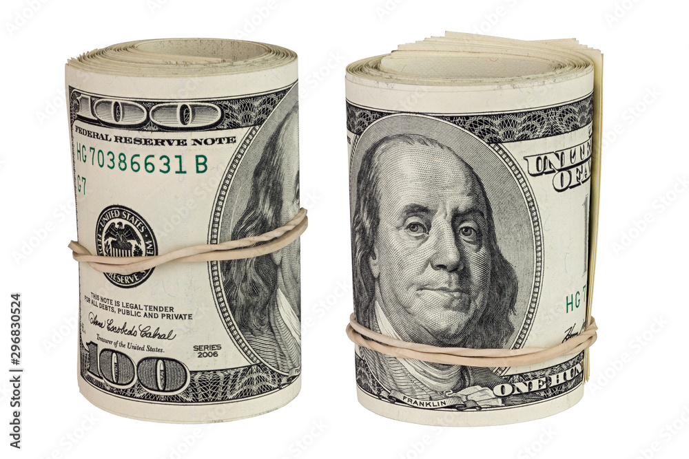 Wall mural set of two rolls of hundred us dollars standing up and isolated on white background