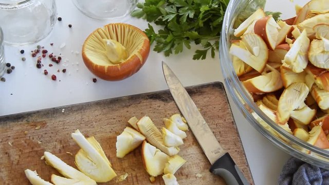 Cooking Amanita caesarea (known as Caesar's mushroom). Highly regarded edible mushroom 