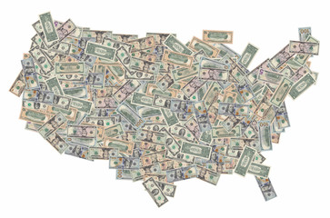 United States of America map formed with american dollars bills isolated on white background