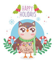 cute owl with scarf and candy canes branches merry christmas